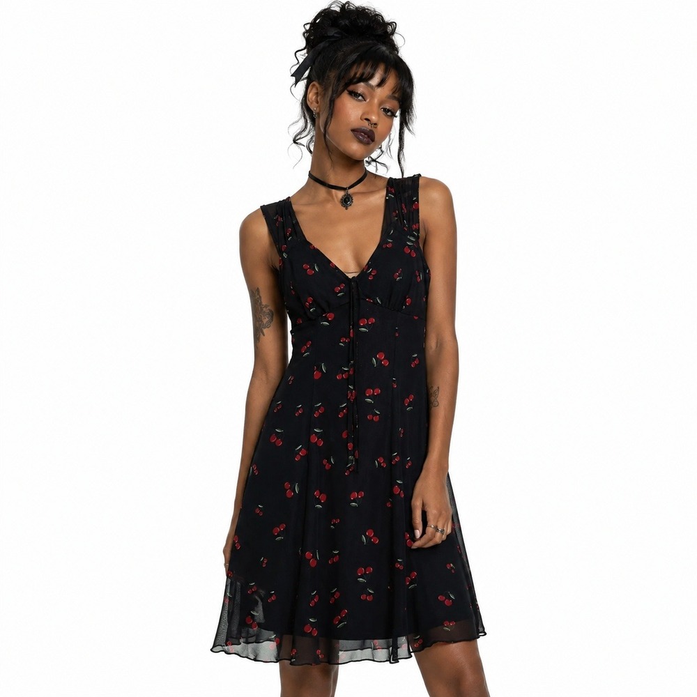 No Comment Cherry Print Mesh Overlay Mini Dress Black Red Retro Coquette Size S